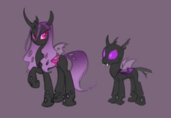 Size: 1083x750 | Tagged: safe, artist:carnifex, imported from derpibooru, oc, oc only, oc:miasma, changeling, changeling queen, changeling oc, changeling queen oc, female, miasma hive, purple background, purple changeling, simple background