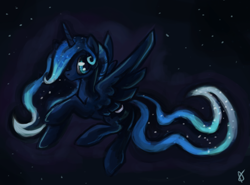 Size: 908x673 | Tagged: safe, artist:tracymod, imported from derpibooru, princess luna, pony, female, flying, night, solo