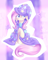 Size: 810x1014 | Tagged: safe, artist:fizzy-dog, imported from derpibooru, fluttershy, pony, accessory swap, female, magic wand, solo, the great and powerful, trixie's cape, trixie's hat