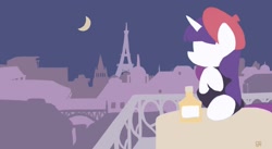 Size: 1280x700 | Tagged: safe, artist:chung-sae, imported from derpibooru, rarity, pony, beatnik rarity, beret, clothes, female, france, hat, moon, night, paris, solo, wallpaper