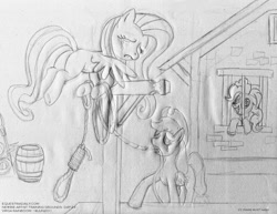 Size: 1100x851 | Tagged: safe, artist:virgarainboom, imported from derpibooru, applejack, fluttershy, pinkie pie, earth pony, pegasus, pony, fanfic:cupcakes, crying, execution, female, gallows, hanging (by neck), insanity, jail, mare, monochrome, noose, traditional art