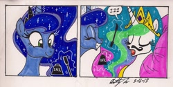 Size: 1394x703 | Tagged: safe, artist:newyorkx3, imported from derpibooru, princess celestia, princess luna, comic, face doodle, inkwell, moustache, prank, sisters, sleeping, snoring, this will end in tears and/or a journey to the moon, traditional art, trolluna, wrong eye color, zzz