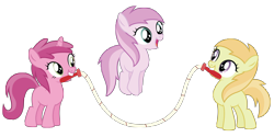 Size: 8000x4000 | Tagged: safe, artist:midnight--blitz, imported from derpibooru, applecore, noi, piña colada, ruby pinch, earth pony, pony, unicorn, lesson zero, background pony, filly, foal, jump rope, jumping, mouth hold, simple background, skipping, smiling, transparent, transparent background, trio, vector