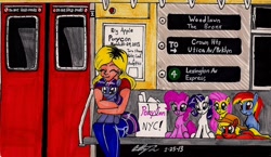 Size: 1818x1056 | Tagged: safe, artist:newyorkx3, imported from derpibooru, applejack, fluttershy, pinkie pie, rainbow dash, rarity, twilight sparkle, big apple ponycon, female, metro, plushie, ponycon, subway, tara strong, traditional art, train