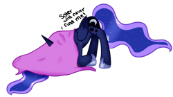 Size: 908x509 | Tagged: dead source, safe, artist:lostpegasister, imported from derpibooru, princess luna, pony, blanket, female, hiding, silly, simple background, solo