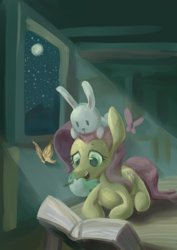 Size: 1080x1527 | Tagged: safe, artist:chung-sae, imported from derpibooru, angel bunny, fluttershy, butterfly, animal, book, crepuscular rays, female, night, prone, reading, solo, window