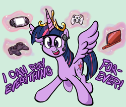 Size: 500x423 | Tagged: safe, artist:flavinbagel, imported from derpibooru, twilight sparkle, alicorn, pony, ask gamer ponies, 3ds, controller, crown, female, mare, playstation vita, psvita, twilight sparkle (alicorn)