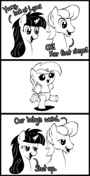 Size: 1024x2000 | Tagged: safe, artist:havikm66, imported from derpibooru, lyra heartstrings, oc, pony, unicorn, baby, bipedal, comic, cute, filly, foal, horses doing human things, lyrabetes, monochrome, parent