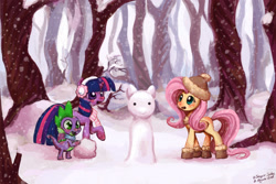 Size: 1024x684 | Tagged: dead source, safe, artist:nayshie, artist:solar-slash, imported from derpibooru, fluttershy, spike, twilight sparkle, clothes, earmuffs, snow, snowfall, snowman, tree