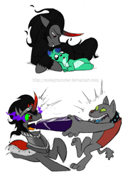 Size: 877x1200 | Tagged: safe, artist:mickeymonster, imported from derpibooru, king sombra, rover, diamond dog, crystal, dark crystal, dragging, mouth hold, prone, raised hoof, that pony sure does love crystals, tug of war