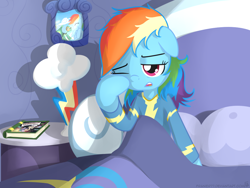 Size: 1024x768 | Tagged: safe, artist:frankier77, imported from derpibooru, daring do, rainbow dash, tank, pegasus, pony, turtle, bed, bed mane, blanket, book, bust, clothes, female, mare, morning ponies, pajamas, portrait, rainbow dash's bedroom, rainbow dash's house, solo, wonderbolts uniform