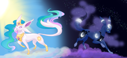 Size: 1960x900 | Tagged: safe, artist:bedupolker, imported from derpibooru, princess celestia, princess luna, espeon, umbreon, contrast, crossover, duality, duo, ethereal mane, female, pokefied, pokémon, royal sisters, sisters, species swap, split sky, starry mane, sun