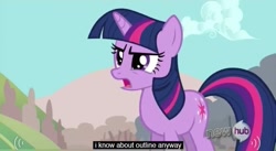 Size: 639x350 | Tagged: safe, imported from derpibooru, screencap, twilight sparkle, hub logo, outline, youtube caption