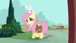 Size: 1280x720 | Tagged: safe, imported from derpibooru, screencap, angel bunny, fluttershy, just for sidekicks, smiling, unamused