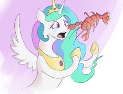 Size: 906x691 | Tagged: safe, artist:jazzteeth, imported from derpibooru, princess celestia, alicorn, lobster, pony, biting, crown, crying, cute, cutelestia, dork, ethereal mane, female, jewelry, mare, pinch, princess dorklestia, regalia, spread wings, tears of pain, underhoof, wings