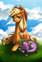Size: 1150x1700 | Tagged: safe, artist:katiramoon, imported from derpibooru, applejack, spike, applespike, female, male, shipping, sleeping, straight