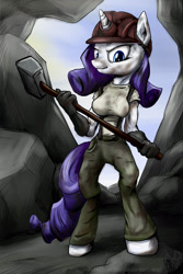 Size: 1024x1534 | Tagged: safe, artist:rule1of1coldfire, imported from derpibooru, rarity, anthro, clothes, female, hammer, hat, miner, solo, suspenders