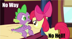 Size: 855x466 | Tagged: safe, imported from derpibooru, apple bloom, spike, just for sidekicks, mistranslation, vulgar