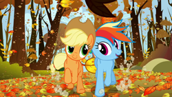 Size: 1280x720 | Tagged: safe, imported from derpibooru, screencap, applejack, rainbow dash, earth pony, pegasus, pony, fall weather friends, female, mare