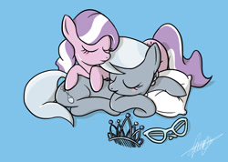 Size: 1024x731 | Tagged: safe, artist:roliet, imported from derpibooru, diamond tiara, silver spoon, earth pony, pony, blue background, blush sticker, blushing, butt touch, cuddling, cute, diamondbetes, eyes closed, female, filly, glasses, hoof on butt, lesbian, missing accessory, pillow, pony pile, prone, shipping, silverbetes, silvertiara, simple background, smiling