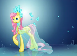 Size: 3000x2200 | Tagged: safe, artist:miss-straydoll, imported from derpibooru, fluttershy, butterfly, pony, clothes, dress, female, solo