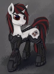 Size: 760x1052 | Tagged: dead source, safe, artist:pantzar, imported from derpibooru, oc, oc only, oc:blackjack, cyborg, pony, unicorn, fallout equestria, fallout equestria: project horizons, amputee, fanfic, fanfic art, female, hooves, horn, level 2 (project horizons), mare, prosthetic limb, prosthetics, solo