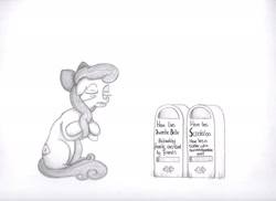 Size: 2340x1700 | Tagged: safe, artist:tesshissa, imported from derpibooru, apple bloom, earth pony, pony, elderly, female, gravestone, implied death, implied scootaloo, implied sweetie belle, mare, monochrome, older, older apple bloom, sad, solo