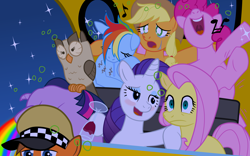 Size: 6400x4000 | Tagged: safe, artist:bipole, imported from derpibooru, applejack, fluttershy, owlowiscious, pinkie pie, rainbow dash, rarity, twilight sparkle, designated driver, drunk, drunk aj, drunk driving, drunk rarity, drunk twilight, drunker dash, drunkie pie, flirting, mane six, puking rainbows, restless legs syndrome, riding, sad, shocked, singing, sleeping, snoring, taxi, taxi driver, wine