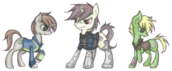 Size: 861x355 | Tagged: safe, artist:whispir, imported from derpibooru, oc, oc only, oc:blackjack, oc:littlepip, oc:murky, cyborg, pony, unicorn, fallout equestria, fallout equestria: murky number seven, fallout equestria: project horizons, amputee, clothes, cybernetic legs, fanfic, fanfic art, female, horn, jumpsuit, male, mare, pipbuck, simple background, stallion, transparent background, vault suit