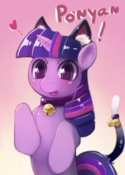 Size: 1250x1750 | Tagged: dead source, safe, artist:freedomthai, imported from derpibooru, twilight sparkle, pony, unicorn, behaving like a cat, bell, bell collar, cat ears, catgirl, collar, female, heart, mare, open mouth, solo, twilight cat