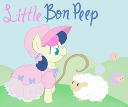 Size: 800x668 | Tagged: safe, artist:atlur, deleted from derpibooru, imported from derpibooru, bon bon, sweetie drops, sheep, bonafied, bonpun, clothes, dress, little bo peep, pun