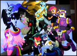 Size: 700x514 | Tagged: safe, imported from derpibooru, apple bloom, bon bon, dj pon-3, lyra heartstrings, nightmare moon, octavia melody, princess cadance, scootaloo, shining armor, sweetie belle, sweetie drops, vinyl scratch, anthro, airship, badass, chessgame of the gods, cutie mark crusaders, fanfic, female, from nobody to knightmare, knightmare, lesbian, rls ragnarok, scratchtavia, shipping