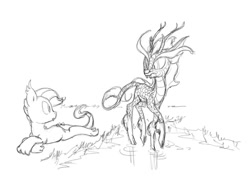 Size: 1071x800 | Tagged: safe, artist:carnifex, imported from derpibooru, oc, oc only, oc:lavender, dracony, hybrid, kirin, comparison, interspecies offspring, kirin oc, monochrome, offspring, parent:rarity, parent:spike, parents:sparity, pencil drawing, traditional art, walking on water, water