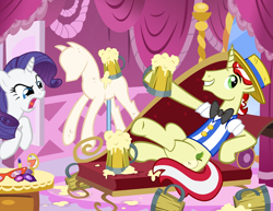 Size: 900x696 | Tagged: safe, artist:pixelkitties, imported from derpibooru, flim, rarity, angry, apple cider, carousel boutique, cider, fainting couch, glare, grin, hoof hold, mannequin, open mouth, pixelkitties' brilliant autograph media artwork, sam vincent, smiling