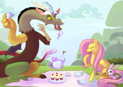 Size: 3507x2480 | Tagged: safe, artist:sketchprinterdemon, imported from derpibooru, angel bunny, discord, fluttershy, carrot, cupcake, discoshy, eyes closed, female, food, laughing, levitation, magic, male, picnic, shipping, straight, tea, tea party, teapot, telekinesis