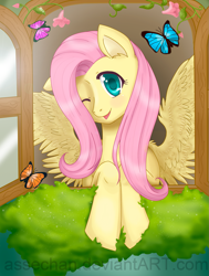 Size: 1145x1514 | Tagged: safe, artist:assechan, imported from derpibooru, fluttershy, butterfly, pegasus, pony, colored pupils, cute, ear fluff, female, flower, looking at you, mare, open mouth, shyabetes, smiling, solo, spread wings, window, wings, wink