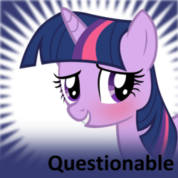 Size: 250x250 | Tagged: dead source, safe, imported from derpibooru, twilight sparkle, pony, unicorn, derpibooru, season 2, secret of my excess, blushing, female, grin, meta, meta:questionable, official spoiler image, smiling, solo, spoilered image joke, unicorn twilight