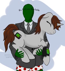 Size: 730x800 | Tagged: safe, artist:poorgenndy, imported from derpibooru, oc, oc only, oc:anon, oc:littlepip, human, pony, unicorn, fallout equestria, boxers, clothes, english, eyes closed, fanfic, floppy ears, frown, hand, holding a pony, pipbuck, russian, text, underwear