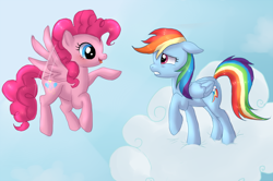 Size: 800x530 | Tagged: safe, artist:pinkamina-diane-pie, imported from derpibooru, pinkie pie, rainbow dash, pegasus, pony, cloud, cloudy, flying, frown, happy, pegasus pinkie pie, pointing, race swap