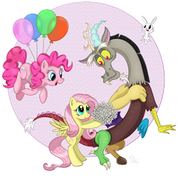 Size: 800x800 | Tagged: safe, artist:swanlullaby, imported from derpibooru, angel bunny, discord, fluttershy, pinkie pie, balloon, flower