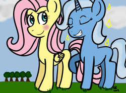 Size: 693x514 | Tagged: safe, artist:roly-pony, imported from derpibooru, fluttershy, trixie, blushing, female, grin, lesbian, shipping, smiling, trixieshy