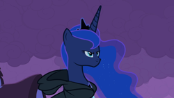Size: 500x281 | Tagged: safe, artist:capnpea, edit, edited screencap, imported from derpibooru, screencap, princess luna, pony, luna eclipsed, cloak, clothes, female, fimbriae, proncoss lono, small eyes, solo, wat, woll smoth