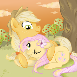 Size: 800x800 | Tagged: safe, artist:elenaboosy, imported from derpibooru, applejack, fluttershy, apple flower, apple orchard, appleshy, female, hug, lesbian, looking at each other, prone, shipping
