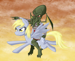 Size: 706x575 | Tagged: safe, artist:bloodywilliam, imported from derpibooru, derpy hooves, pegasus, pony, cthulhu, duo, female, mare, riding