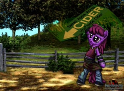 Size: 3568x2608 | Tagged: safe, artist:metadragonart, imported from derpibooru, berry punch, pony, belt, bipedal, clothes, english, fence, forest, grass, jeans, shirt, shoes, sign, skirt, solo, text, tree, undershirt
