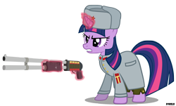 Size: 3300x1997 | Tagged: safe, artist:a4r91n, imported from derpibooru, twilight sparkle, angry, clothes, coat, command and conquer, crossover, gun, hat, magic, must crush capitalism, red alert, russian, shotgun, simple background, soviet, soviet union, transparent background, vector
