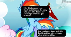 Size: 810x425 | Tagged: safe, imported from derpibooru, rainbow blaze, rainbow dash, pony, pony confession, spanking, younger