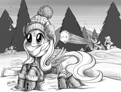Size: 1500x1142 | Tagged: safe, artist:tsitra360, imported from derpibooru, fluttershy, pinkie pie, rainbow dash, boots, clothes, earmuffs, hat, misfire, monochrome, scarf, snow, snowball, snowball fight, this will end in tears, throwing things at fluttershy, unaware, winter