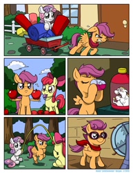 Size: 1276x1650 | Tagged: safe, artist:latecustomer, imported from derpibooru, apple bloom, bulk biceps, scootaloo, sweetie belle, comic:dreams and reality, apple, clothes, comic, cutie mark crusaders, dreams and reality, fan, goggles, horse collar, jump rope, scarf, scootaloo can't fly, training