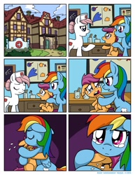 Size: 1276x1650 | Tagged: safe, artist:latecustomer, imported from derpibooru, nurse redheart, rainbow dash, scootaloo, earth pony, pegasus, pony, comic:dreams and reality, bad end, comic, crying, dreams and reality, eyes closed, feels, female, harsher in hindsight, hospital, looking at each other, mare, open mouth, sad, scootaloo can't fly, scootalove, tearjerker